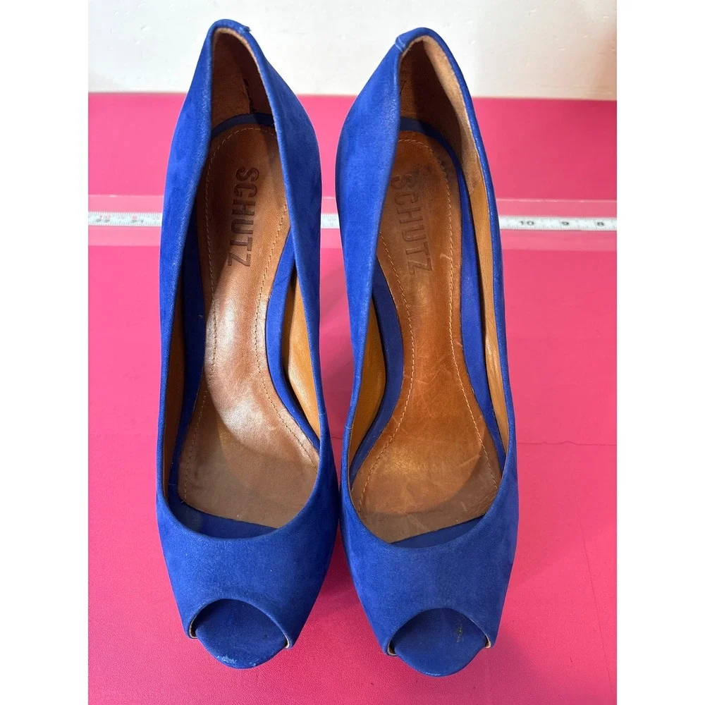 SCHUTZ Women sRoyal Blue Suede‎ Peep Toe Platform Block Heels Size 7